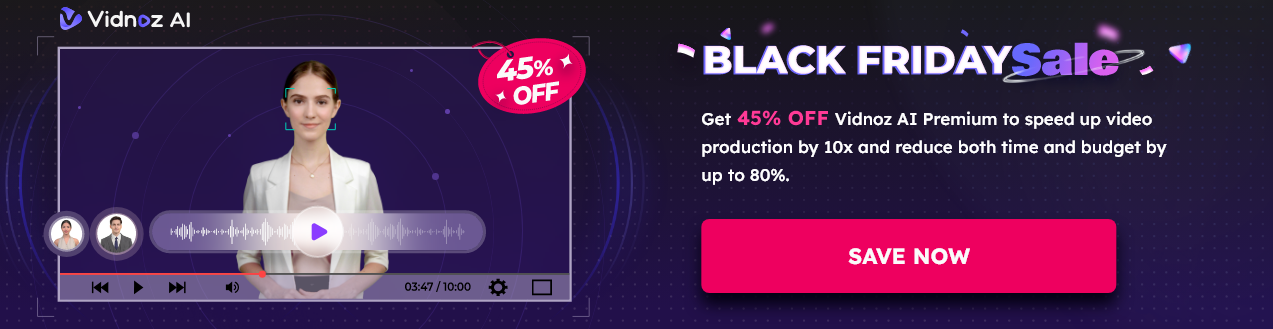 Promotional banner for Black Friday sale with a video play button and "Save Now" call to action.